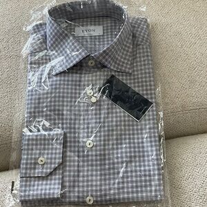 ETON Men's Gray and White Plaid Dress Shirt